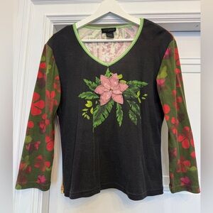 Vintage EXPRESS 90s Y2k Printed 1/2 Sleeve Mesh Flower Large